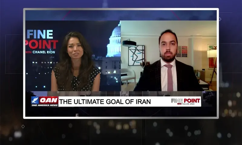 Video still from Fine Point on One America News Network showing a split screen of the host on the left side, and on the right side is the guest, Gabriel Noronha.