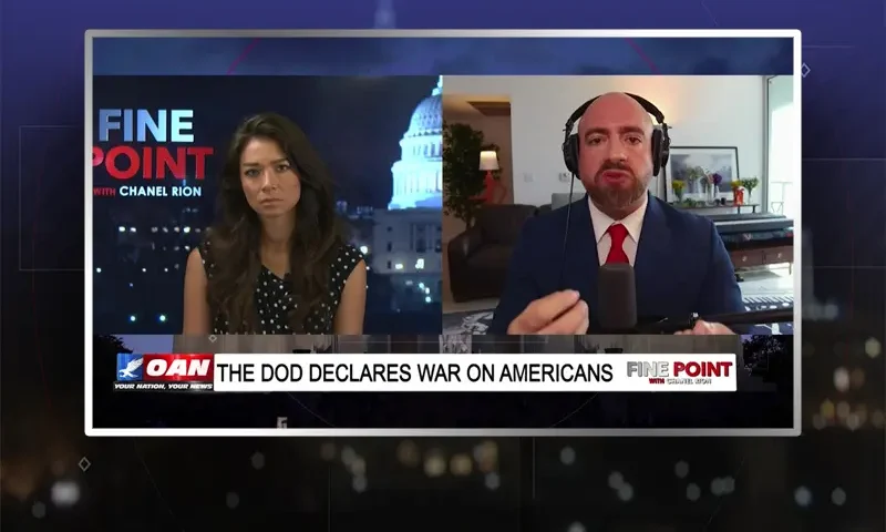 Video still from Fine Point on One America News Network showing a split screen of the host on the left side, and on the right side is the guest, Mike Benz.
