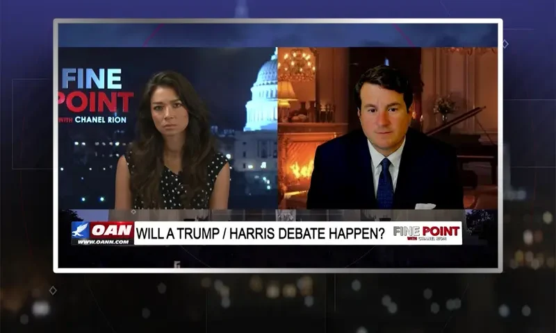 Video still from Fine Point on One America News Network showing a split screen of the host on the left side, and on the right side is the guest, Alex Stein.