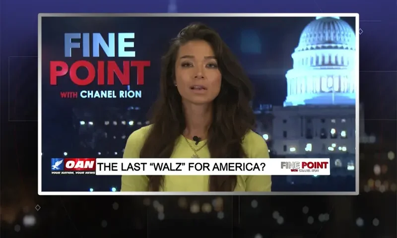 Video still of the host of Fine Point at the desk of their talk show on One America News Network.