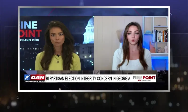 Video still from Fine Point on One America News Network showing a split screen of the host on the left side, and on the right side is the guest, Brianna Lyman.