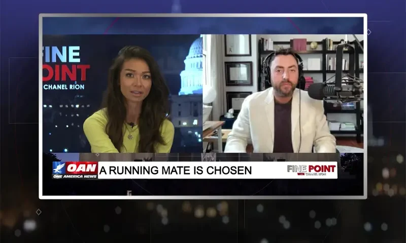 Video still from Fine Point on One America News Network showing a split screen of the host on the left side, and on the right side is the guest, Josh Hammer.