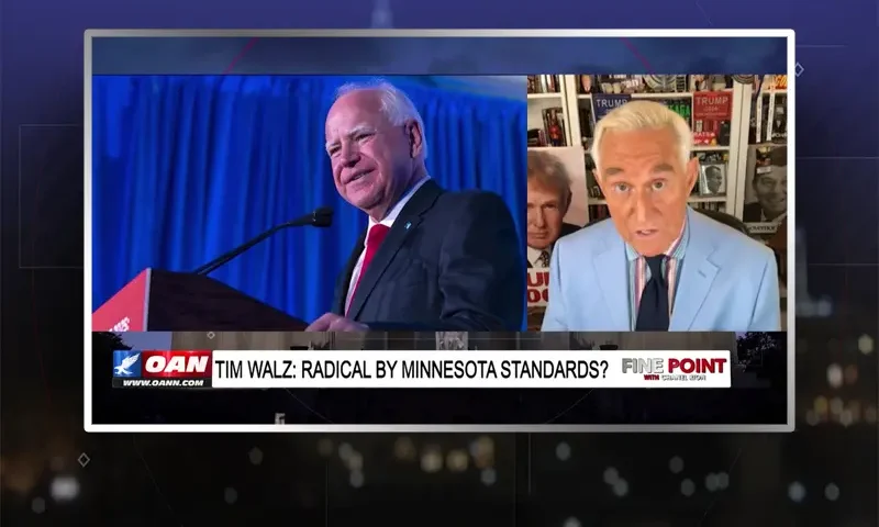Video still from Fine Point on One America News Network during an interview with the guest, Roger Stone.