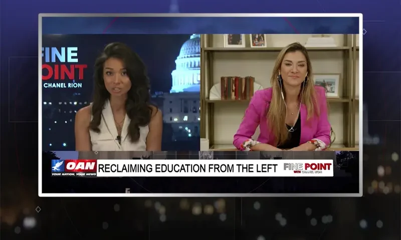 Video still from Fine Point on One America News Network showing a split screen of the host on the left side, and on the right side is the guest, Marissa Streit.