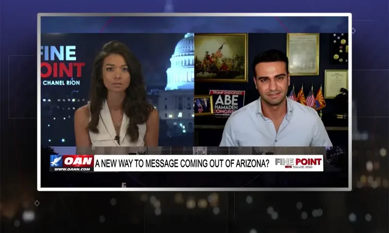 Video still from Fine Point on One America News Network showing a split screen of the host on the left side, and on the right side is the guest, Abe Hamadeh.