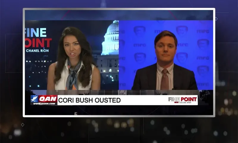 Video still from Fine Point on One America News Network showing a split screen of the host on the left side, and on the right side is the guest, Bill D' Agostino.