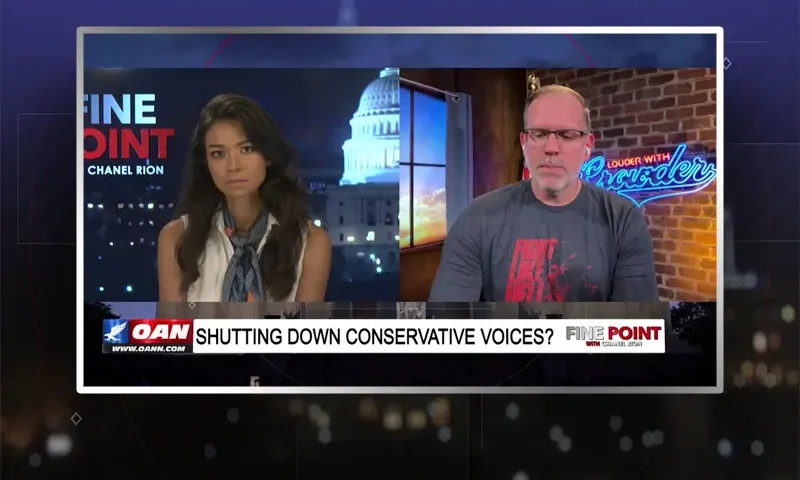 Video still from Fine Point on One America News Network showing a split screen of the host on the left side, and on the right side is the guest, Gerald Morgan Jr..