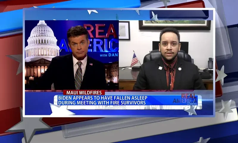 Video still from Real America on One America News Network showing a split screen of the host on the left side, and on the right side is the guest, Diamond Garcia.