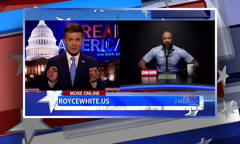 Video still from Real America on One America News Network showing a split screen of the host on the left side, and on the right side is the guest, Royce White.