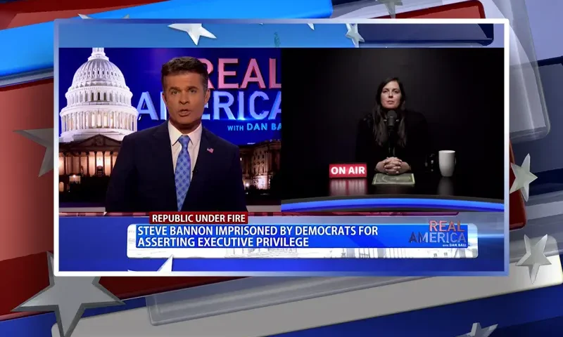 Video still from Real America on One America News Network showing a split screen of the host on the left side, and on the right side is the guest, Maureen Bannon.
