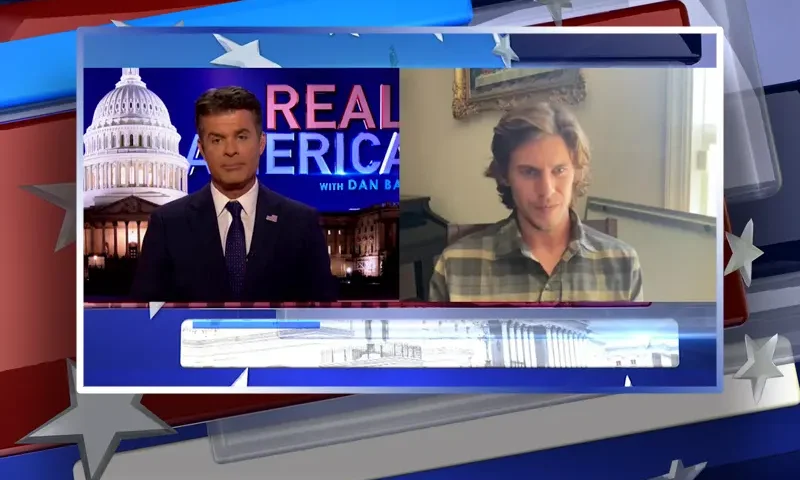 Video still from Real America on One America News Network showing a split screen of the host on the left side, and on the right side is the guest, Ben Pauling.