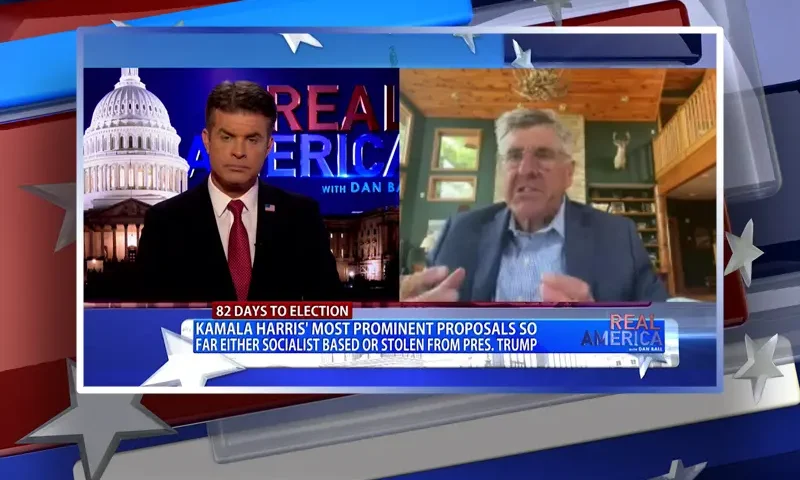 Video still from Real America on One America News Network showing a split screen of the host on the left side, and on the right side is the guest, Stephen Moore.