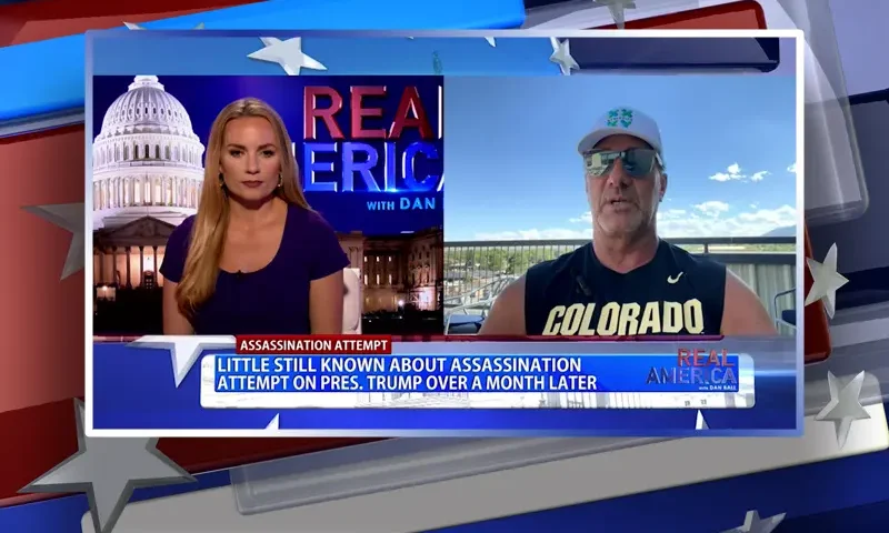 Video still from Real America on One America News Network showing a split screen of the host on the left side, and on the right side is the guest, Paul Frank.