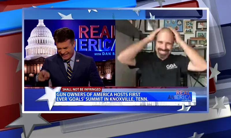 Video still from Real America on One America News Network showing a split screen of the host on the left side, and on the right side is the guest, Luis Valdes.