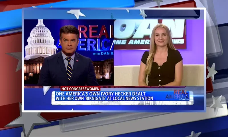 Video still from Real America on One America News Network showing a split screen of the host on the left side, and on the right side is the guest, Ivory Hecker.