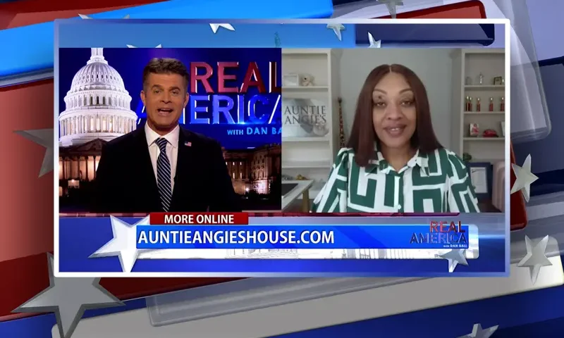 Video still from Real America on One America News Network showing a split screen of the host on the left side, and on the right side is the guest, Angela Stanton-King.