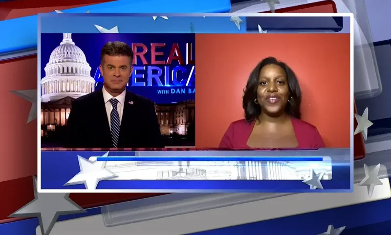 Video still from Real America on One America News Network showing a split screen of the host on the left side, and on the right side is the guest, P Rae Easley.