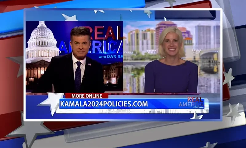 Video still from Real America on One America News Network showing a split screen of the host on the left side, and on the right side is the guest, Caroline Sunshine.