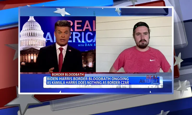Video still from Real America on One America News Network showing a split screen of the host on the left side, and on the right side is the guest, Nick Sortor.