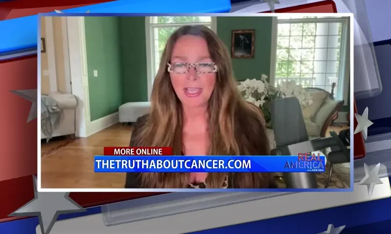Video still from Real America on One America News Network during an interview with the guest, Charlene Bollinger.