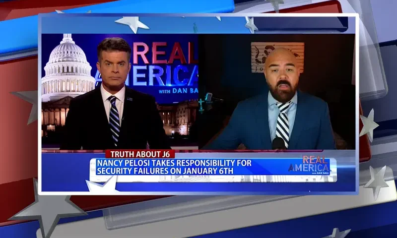 Video still from Real America on One America News Network showing a split screen of the host on the left side, and on the right side is the guest, Joseph McBride.
