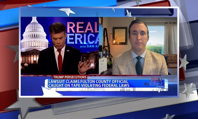 Video still from Real America on One America News Network showing a split screen of the host on the left side, and on the right side is the guest, Mike Yoder.