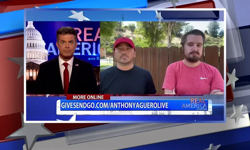 Video still from Real America on One America News Network showing a split screen of the host on the left side, and on the right side are guests, Nick Sortor and Anthony Aguero.