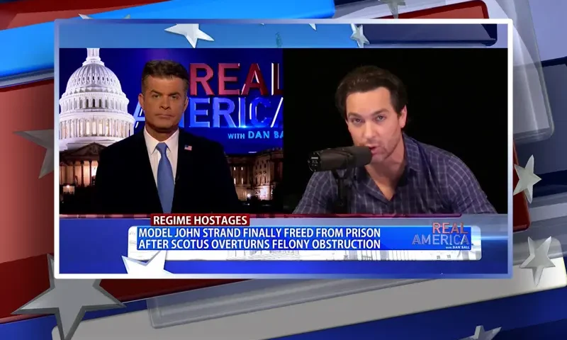 Video still from Real America on One America News Network showing a split screen of the host on the left side, and on the right side is the guest, Brandon Straka.
