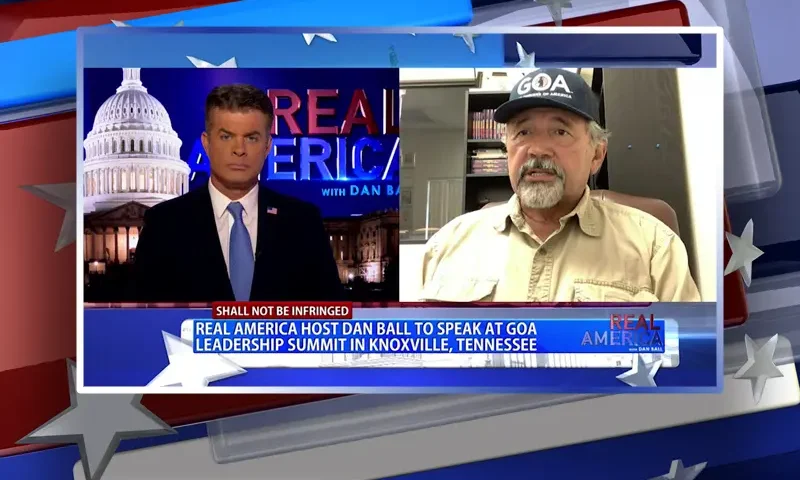 Video still from Real America on One America News Network showing a split screen of the host on the left side, and on the right side is the guest, Sam Paredes.