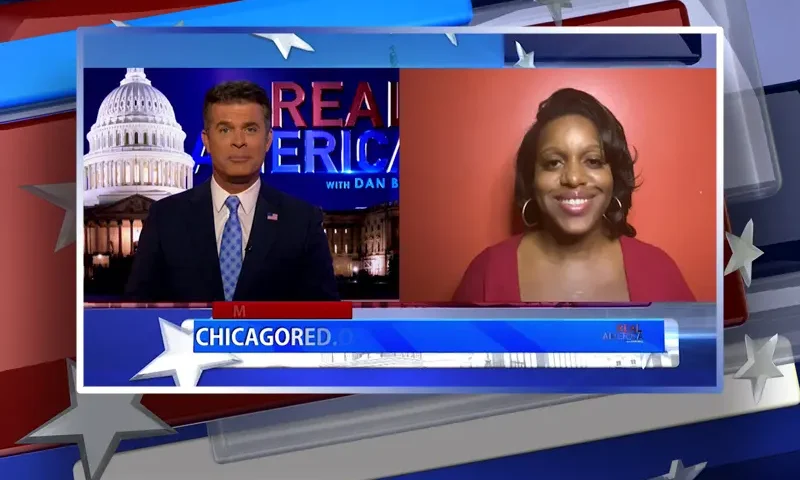 Video still from Real America on One America News Network showing a split screen of the host on the left side, and on the right side is the guest, P Rae Easley.