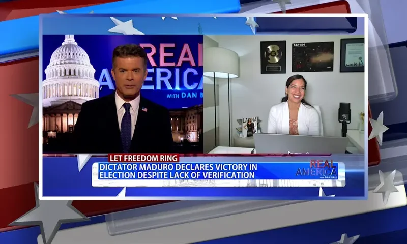 Video still from Real America on One America News Network showing a split screen of the host on the left side, and on the right side is the guest, Gaby Berrospi.