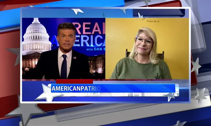 Video still from Real America on One America News Network showing a split screen of the host on the left side, and on the right side is the guest, Jalise Middleton.