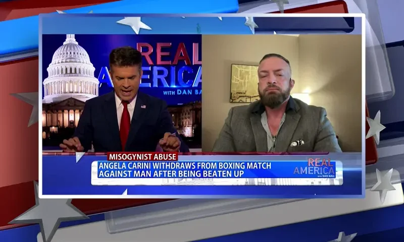 Video still from Real America on One America News Network showing a split screen of the host on the left side, and on the right side is the guest, Seth Jahn.