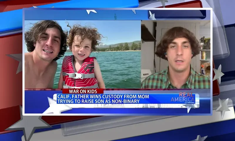 Video still from Real America on One America News Network during an interview with the guest, Harrison Tinsley.