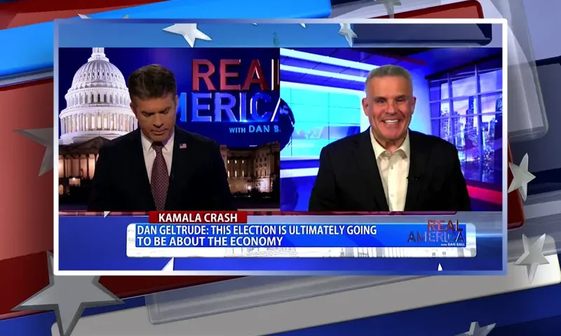 Video still from Real America on One America News Network showing a split screen of the host on the left side, and on the right side is the guest, Dan Geltrude.