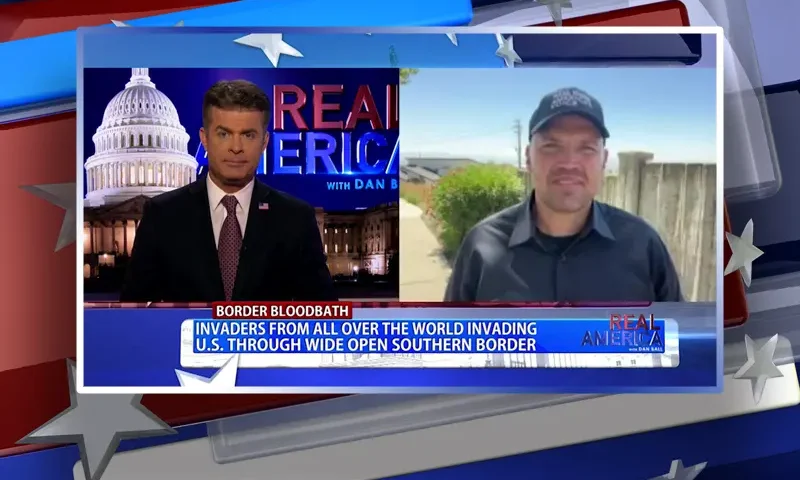 Video still from Real America on One America News Network showing a split screen of the host on the left side, and on the right side is the guest, Ben Bergquam.