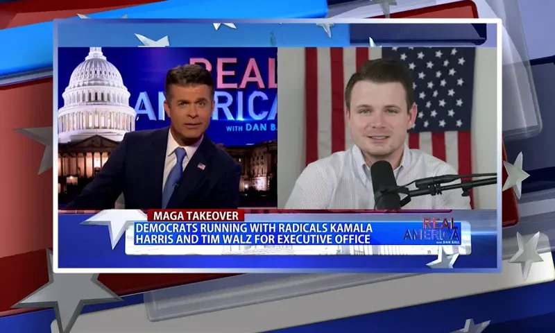 Video still from Real America on One America News Network showing a split screen of the host on the left side, and on the right side is the guest, Ryan Fournier.