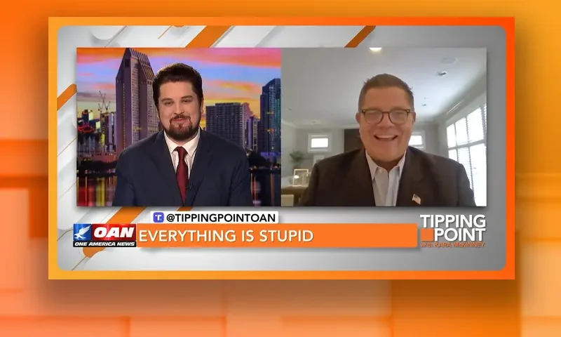 Video still from Tipping Point on One America News Network showing a split screen of the host on the left side, and on the right side is the guest, Jim Nelles.