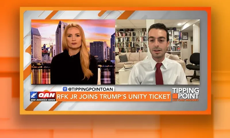 Video still from Tipping Point on One America News Network showing a split screen of the host on the left side, and on the right side is the guest, Paul Ingrassia.