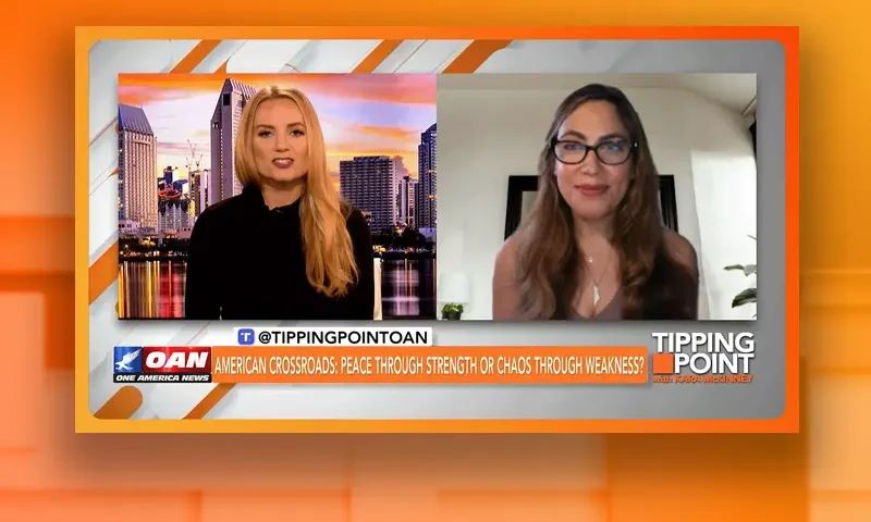 Video still from Tipping Point on One America News Network showing a split screen of the host on the left side, and on the right side is the guest, Daniella Bloom.