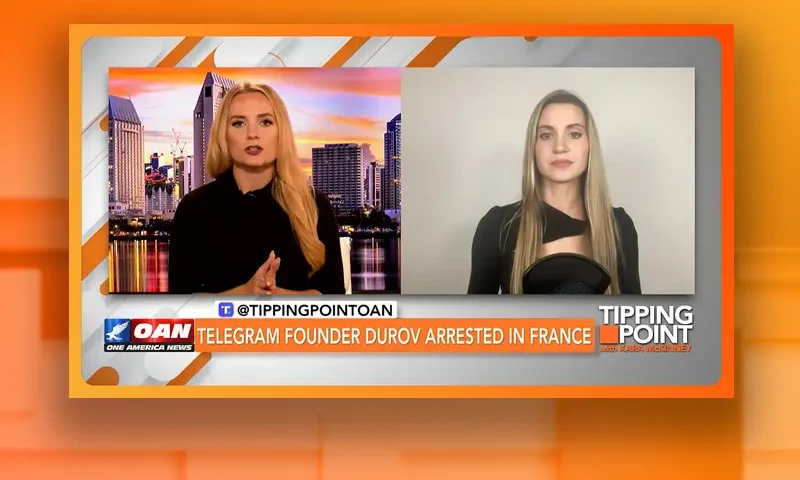 Video still from Tipping Point on One America News Network showing a split screen of the host on the left side, and on the right side is the guest, Taylor Hudak.