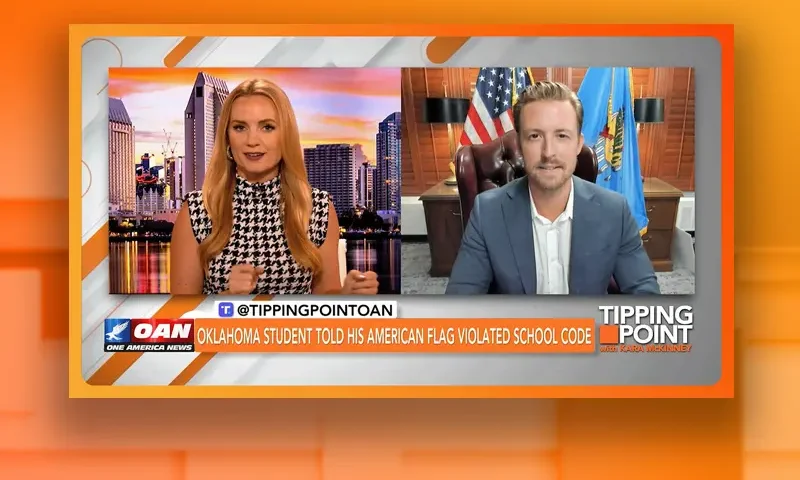 Video still from Tipping Point on One America News Network showing a split screen of the host on the left side, and on the right side is the guest, Ryan Walters.