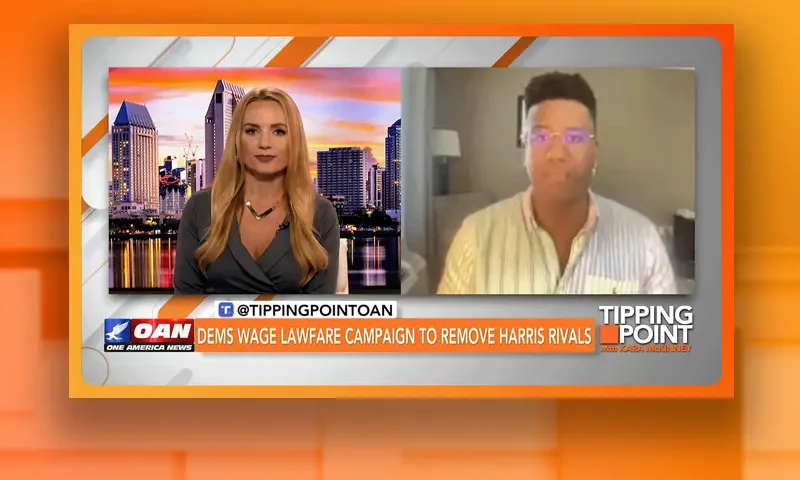 Video still from Tipping Point on One America News Network showing a split screen of the host on the left side, and on the right side is the guest, R.C. Maxwell.