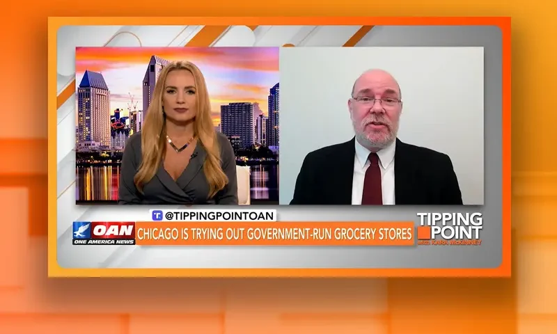 Video still from Tipping Point on One America News Network showing a split screen of the host on the left side, and on the right side is the guest, Peter Earle.