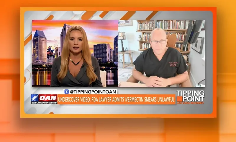 Video still from Tipping Point on One America News Network showing a split screen of the host on the left side, and on the right side is the guest, Dr. Pierre Kory.