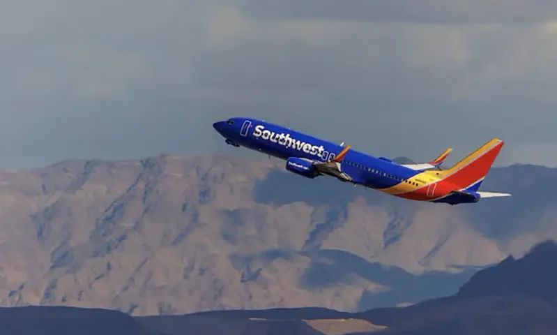 A Southwest commercial airliner takes off from Las Vegas International Airport in Las Vegas, Nevada, U.S., February 8, 2024. REUTERS/Mike Blake/File Photo