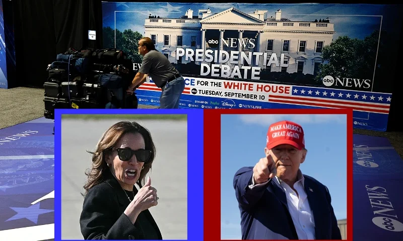 (L) US Vice President and Democratic presidential candidate Kamala Harris gives a thumbs up as she walks to board Air Force Two upon departure from Pittsburgh International Airport in Pittsburgh, Pennsylvania, on September 9, 2024, en route to Philadelphia. (Photo by Mandel NGAN / AFP) (Photo by MANDEL NGAN/AFP via Getty Images) / (Center)- PHILADELPHIA, PENNSYLVANIA - SEPTEMBER 09: Final preparations are made in the spin room prior to the ABC News Presidential Debate on September 09, 2024 at the Convention Center in Philadelphia, Pennsylvania. Democratic presidential nominee, U.S. Vice President Kamala Harris and Republican presidential nominee former President Donald Trump will face off in their first debate tomorrow evening at the Constitution Center. (Photo by Kevin Dietsch/Getty Images) / (R) MOSINEE, WISCONSIN - SEPTEMBER 07: Republican presidential nominee former President Donald Trump departs a campaign event at the Central Wisconsin Airport on September 07, 2024 in Mosinee, Wisconsin. A recent poll has Trump trailing Democratic nominee Vice President Kamala Harris in the battleground state. (Photo by Scott Olson/Getty Images)