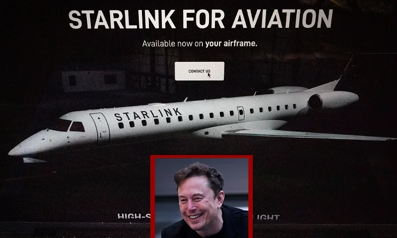(Top) CHICAGO, ILLINOIS - SEPTEMBER 13: In this photo illustration, a Starlink web page is shown on a computer on September 13, 2024 in Chicago, Illinois. United Airlines announced today that it had reached a deal with Starlink and will soon be providing free internet for passengers on all of its flights. (Photo Illustration by Scott Olson/Getty Images) / (Bottom) NEW YORK, NEW YORK - SEPTEMBER 08: Elon Musk attends the Men's Singles Final match between Taylor Fritz of the United States and Jannik Sinner of Italy on Day Fourteen of the 2024 US Open at USTA Billie Jean King National Tennis Center on September 08, 2024 in the Flushing neighborhood of the Queens borough of New York City. (Photo by Sarah Stier/Getty Images)