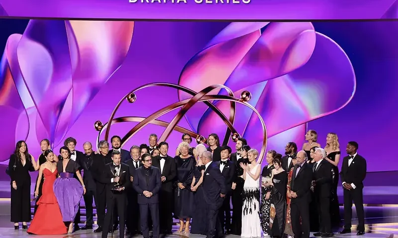 Justin Marks speaks as the cast and crew of "Shogun" receives the Best Drama Series award at the 76th Primetime Emmy Awards in Los Angeles, California, U.S., September 15, 2024. REUTERS/Mario Anzuoni