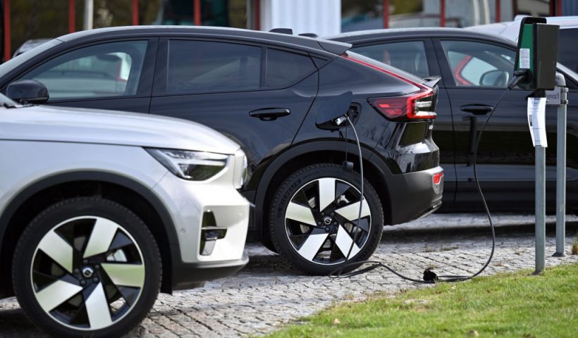 A Volvo electric passenger car is being charged in the parking lot of the Volvo Trucks headquarters in Gothenburg, Sweden, on May 4, 2023. (Photo by Sergei GAPON / AFP) (Photo by SERGEI GAPON/AFP via Getty Images)